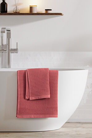 2'li Set Waffle Banyo Havlusu - Yumuşak ve Yüksek Su Emici- %100 Pamuk & Petekli - Kiremit Renk