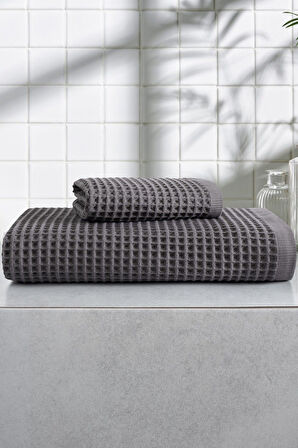 2'li Waffle Banyo Havlu Seti- Ekstra Yumuşak Ve Petekli Doku - %100 Pamuk &yüksek Su Emici- Antrasit
