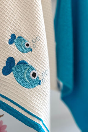 2’li Nakışlı Mutfak Havlusu - %100 Pamuk Balık Desenli - 40x60 Cm - Mavi