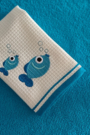 2’li Nakışlı Mutfak Havlusu - %100 Pamuk Balık Desenli - 40x60 Cm - Mavi