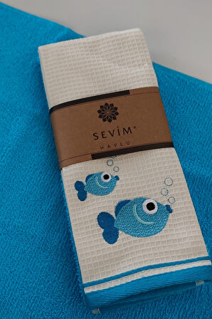 2’li Nakışlı Mutfak Havlusu - %100 Pamuk Balık Desenli - 40x60 Cm - Mavi