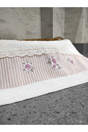 %100 Pamuk & Nakışlı Havlu Takımı - 2'li Dantelli Mutfak Havlu Seti - 40x60 Cm – Pudra