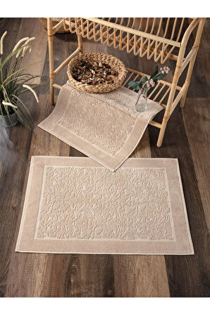 2'li Ayak Havlusu Seti - %100 Pamuklu & Kapuçino Renk Havlu - Damask Desenli & Yumuşak-50x70cm