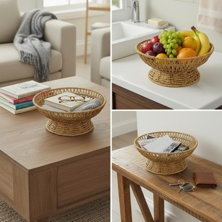 25 cm  Rattan Servis Çanağı - Hasır Görünümlü Dekoratif Meyve, Ekmek ve Sunum Kasesi