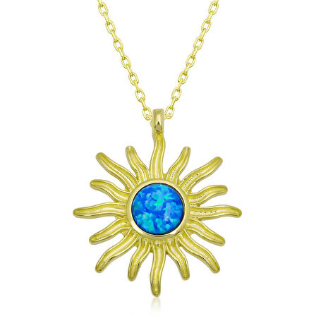 Özel Kutu ve Gümüş Bezi İle ​Gümüş Gold Mavi Opal Taşlı Güneş Kadın Kolye