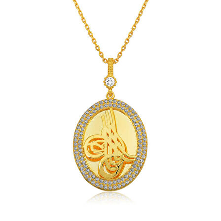 Özel Kutu ve Gümüş Bezi İle Gümüş Gold Tuğralı Oval Bayan Kolye