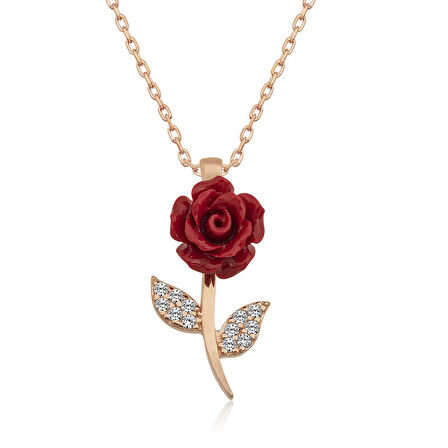Özel Kutu ve Gümüş Bezi İle ​Gümüş Rose Kırmızı Gül Kolye