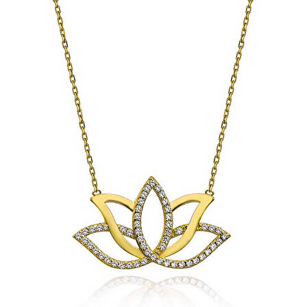Özel Kutu ve Gümüş Bezi İle Gümüş Gold Lotus Çiçeği Kadın Kolye