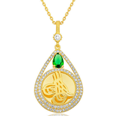 Özel Kutu ve Gümüş Bezi İle Gümüş Gold Kaplama Damla Tuğralı Kadın Kolye