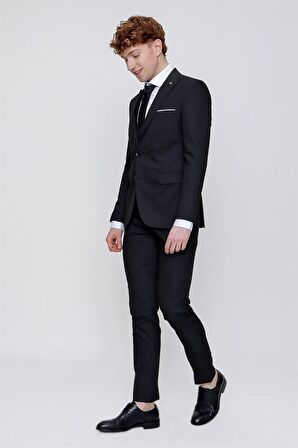  Siyah Martin Yelekli Jakarlı Slim Fit Dar Kesim 6 Drop Takım Elbise