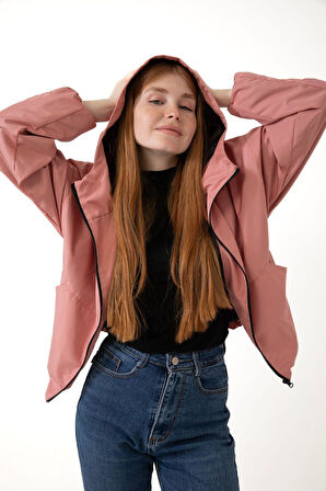 Kadın Su Yeşili Kapüşonlu Su ve Rüzgar Geçirmez Cepli Astarlı Oversize Mevsimlik Yağmurluk