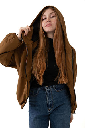 Kadın Su Yeşili Kapüşonlu Su ve Rüzgar Geçirmez Cepli Astarlı Oversize Mevsimlik Yağmurluk