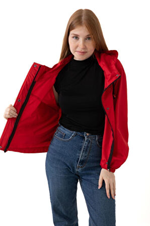 Kadın Taba Su Geçirmez Ve Rüzgara Dayanıklı Kapüşonlu Cepli Çıt Çıtlı Mevsimlik Yağmurluk