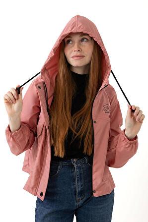 Kadın Taba Su Geçirmez Ve Rüzgara Dayanıklı Kapüşonlu Cepli Çıt Çıtlı Mevsimlik Yağmurluk