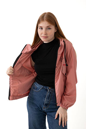 Kadın Taba Su Geçirmez Ve Rüzgara Dayanıklı Kapüşonlu Cepli Çıt Çıtlı Mevsimlik Yağmurluk