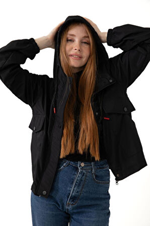 Kadın Taba Su Geçirmez Ve Rüzgara Dayanıklı Kapüşonlu Cepli Çıt Çıtlı Mevsimlik Yağmurluk