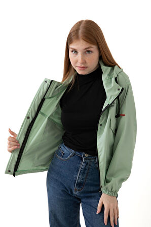 Kadın Taba Su Geçirmez Ve Rüzgara Dayanıklı Kapüşonlu Cepli Çıt Çıtlı Mevsimlik Yağmurluk