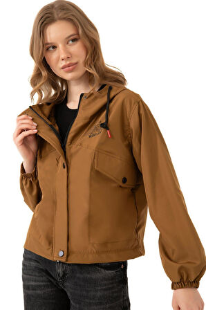 Kadın Taba Su Geçirmez Ve Rüzgara Dayanıklı Kapüşonlu Cepli Çıt Çıtlı Mevsimlik Yağmurluk