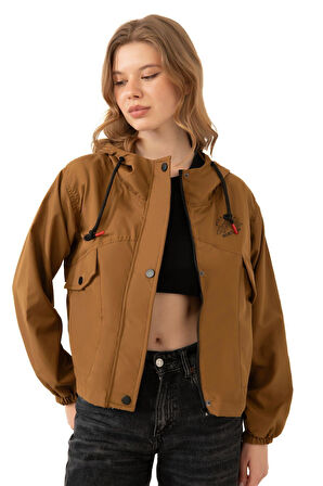 Kadın Taba Su Geçirmez Ve Rüzgara Dayanıklı Kapüşonlu Cepli Çıt Çıtlı Mevsimlik Yağmurluk