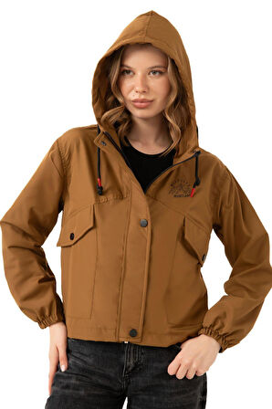 Kadın Taba Su Geçirmez Ve Rüzgara Dayanıklı Kapüşonlu Cepli Çıt Çıtlı Mevsimlik Yağmurluk