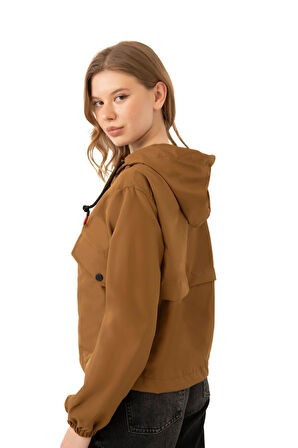 Kadın Taba Su Geçirmez Ve Rüzgara Dayanıklı Kapüşonlu Cepli Çıt Çıtlı Mevsimlik Yağmurluk