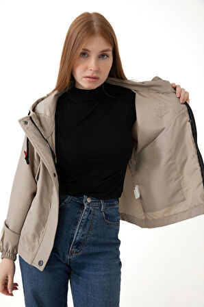 Kadın Taba Su Geçirmez Ve Rüzgara Dayanıklı Kapüşonlu Cepli Çıt Çıtlı Mevsimlik Yağmurluk