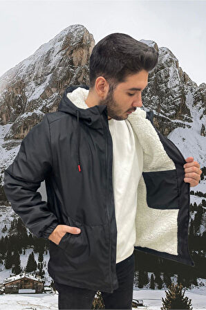 Erkek Kürklü Su Ve Rüzgar Geçirmez Kapüşonlu Kışlık Mont & Kaban & Parka