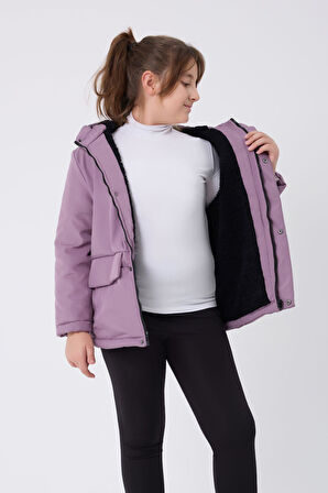 Kız Çocuk Kürklü Su ve Rüzgar Geçirmez Kapüşonlu 3 Cep Kışlık Mont & Kaban & Parka