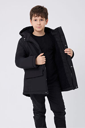 Erkek ÇocukSu Ve Rüzgar Geçirmez Kapüşonlu 3 Cep Kışlık Mont & Kaban & Parka