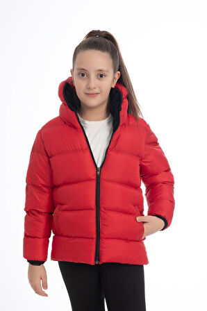 Kız Çocuk Polarlı Kürklü Kapüşonlu Su Geçirmez Rüzgara Dayanıklı Cepli Şişme Kışlık Mont