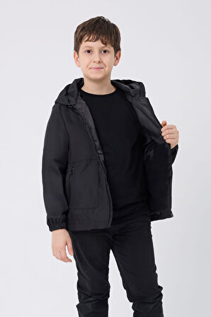 Erkek Çocuk Taba Astarlı Su ve Rüzgar Geçirmez Kapüşonlu Çift Fermuarlı Cepli Yağmurluk