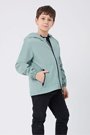 Erkek Çocuk Taba Astarlı Su ve Rüzgar Geçirmez Kapüşonlu Çift Fermuarlı Cepli Yağmurluk