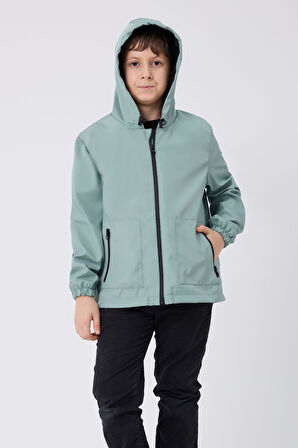 Erkek Çocuk Taba Astarlı Su ve Rüzgar Geçirmez Kapüşonlu Çift Fermuarlı Cepli Yağmurluk