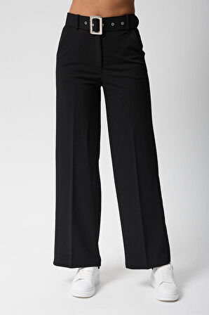 Kadın Kemerli Yüksek Bel İspanyol Paça Pantolon