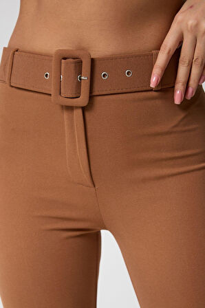 Kadın Kemerli Yüksek Bel İspanyol Paça Pantolon