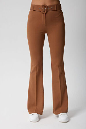 Kadın Kemerli Yüksek Bel İspanyol Paça Pantolon