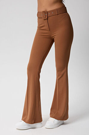 Kadın Kemerli Yüksek Bel İspanyol Paça Pantolon