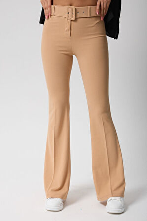 Kadın Kemerli Yüksek Bel İspanyol Paça Pantolon