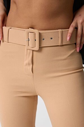 Kadın Kemerli Yüksek Bel İspanyol Paça Pantolon