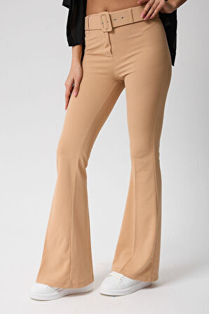 Kadın Kemerli Yüksek Bel İspanyol Paça Pantolon