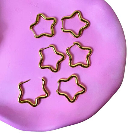 Uretti - Melik 9215  6'lı Gold Renkli Yıldız Küpe 3 Çift Kombin Çoklu Küpe