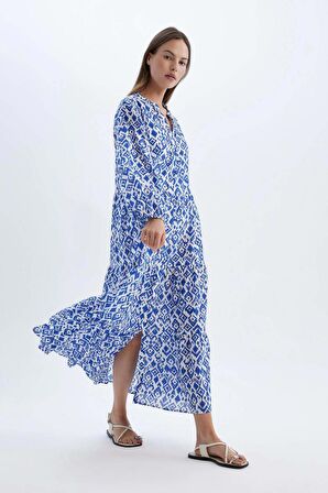 DeFacto Desenli Uzun Kollu Maxi Plaj Elbisesi-Fall in Love B5790AX24SMBE114