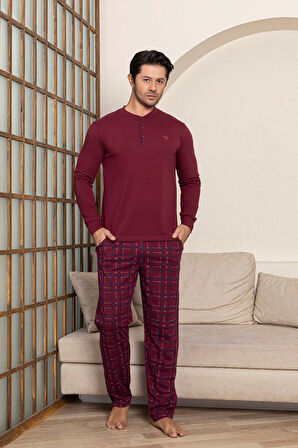 Erkek 3 Düğmeli Ekose Desen Pamuk Likra Mevsimlik Uzun Kol Manşetli Cepli Pijama Takımı