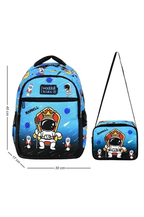Okul Cantasi Siyah Mavi Astronot Desenli Erkek Cocuk Ilkokul Sirt Cantasi Beslenme Cantasi Just Polo