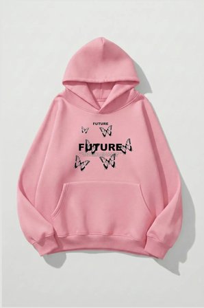 Unisex Yumuşak Dokulu Future Butterfly Baskılı Tasarım Oversize 3 İplik Hoodie Sweatshirt