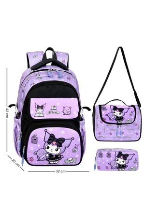 Okul Cantasi Deri Baskili Princess Kuromi Temali Ilkokul Sirt Cantasi Termal Beslenme Cantasi ve Kale Antrasit Just Polo