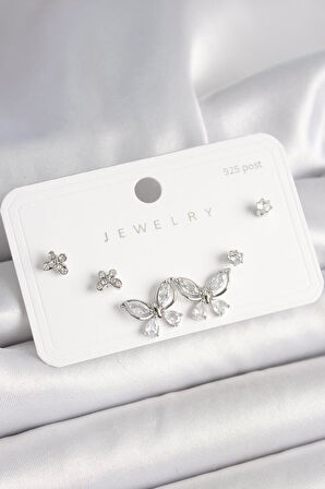 925 Ayar Gümüş Çivi Pirinç Gümüş Renk Zirkon Taşlı Kelebek Model Kadın Küpe Seti - BKP10394 (944944)