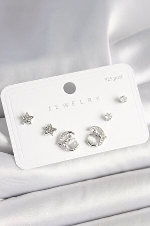 925 Ayar Gümüş Çivi Zirkon Taşlı Hilal Yıldız Model Kadın Küpe Seti - BKP10398 (944944)