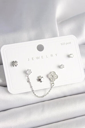 925 Ayar Gümüş Çivi Pirinç Gümüş Renk Zirkon Taşlı Yonca Model Sallantı Zincir Detay Kadın Küpe Seti - BKP10400 (944944)