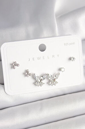 925 Ayar Gümüş Çivi Pirinç Zirkon Taşlı Kelebek Model Kadın Küpe Seti - BKP10402 (944944)